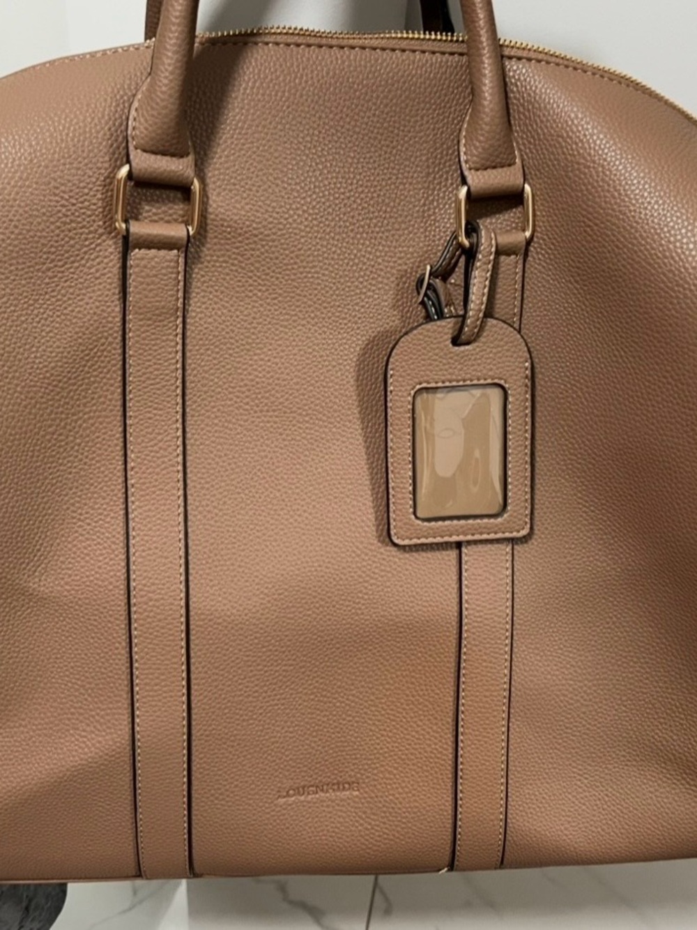Elegant Pebbled Leather Tote in Taupe with Luggage Tag